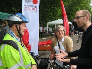 But we were visited by four Islington Councillors; here Nick is talking to two of them - Gary Heather and Caroline Russell