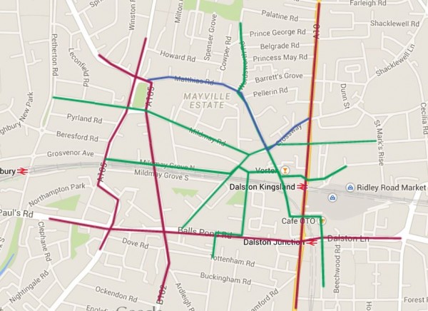 Purple: Through traffic Blue: Bus route Green: Safe routes for walking and cycling